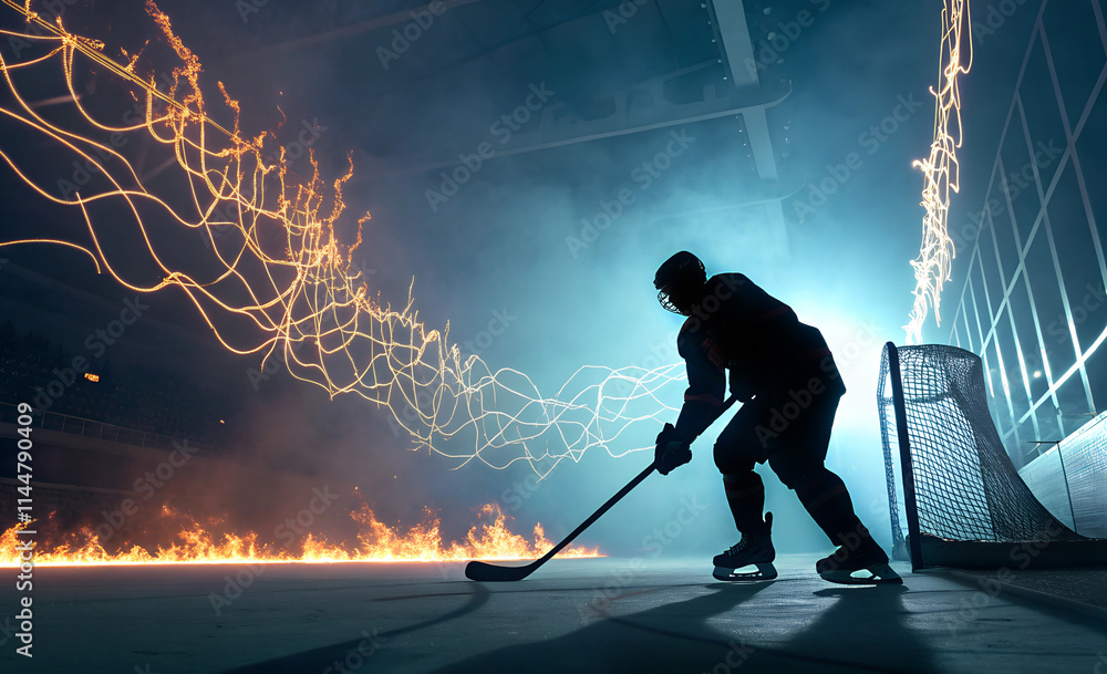 Naklejka premium Silhouette Körper Eishockey Spieler auf dem Eis in der Halle mit Gegenlicht - Flammen und Plasma Linien - Energie und Kraft - Abstrakte Sport Darstellung
