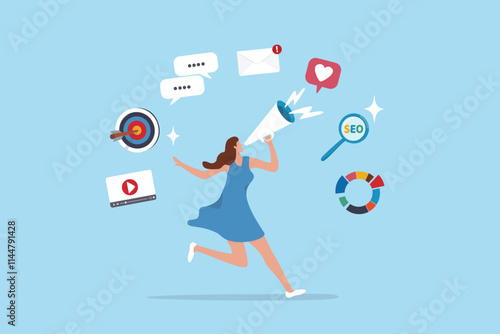 Marketing strategy, communication for online website, social media or market research, advertising, seo optimization or marketing campaign concept, woman speak on megaphone with marketing elements.