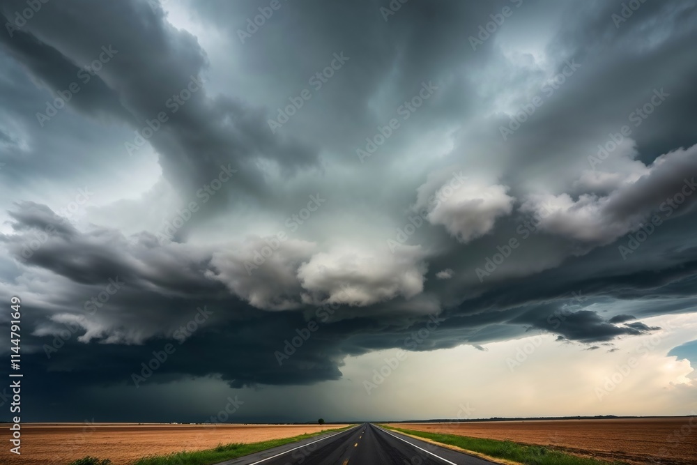 Driving into the Storm's Eye: A dramatic, wide shot of a supercell ...