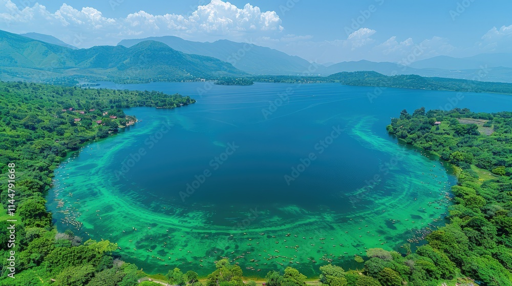 Fototapeta premium Aerial view of a serene lake surrounded by lush greenery and mountains under a clear sky.