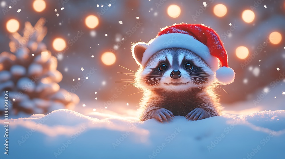A cheerful raccoon wearing a Santa hat exploring a festive scene A cheerful raccoon wearing a Santa hat exploring a festive scene