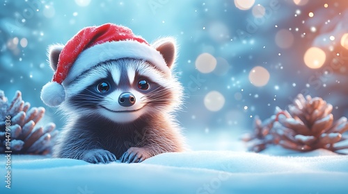 A cheerful raccoon wearing a Santa hat exploring a festive scene