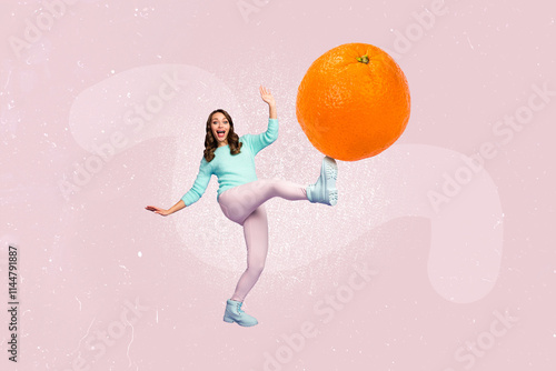 Composite sketch design artwork 3D photo collage of gourmet chef nutrition meal culinary young lady leg punch orange fruit citrus photo