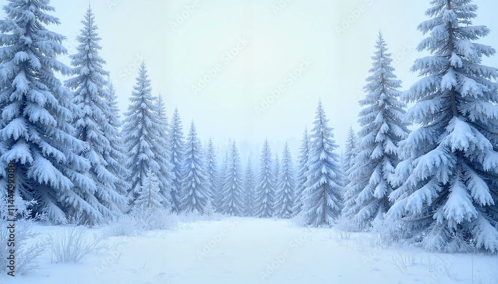 Obraz premium Majestic Snow-Covered Evergreen Forest in Ethereal Winter Light with Misty Atmosphere