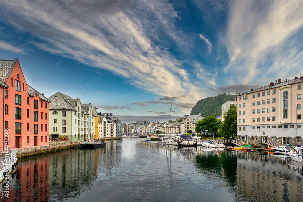 Fototapeta premium Alesund is a city and municipality in Møre og Romsdal county, Norway. It is a port 236 km northeast of Bergen