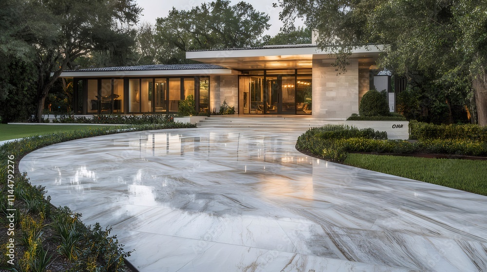 Modern house with expansive driveway and landscaping. Modern house with expansive driveway and landscaping.