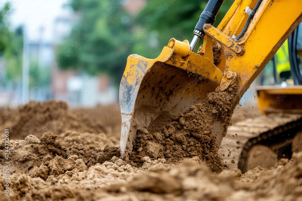 Excavator digging into soil at a construction site. Excavator digging into soil at a construction site.