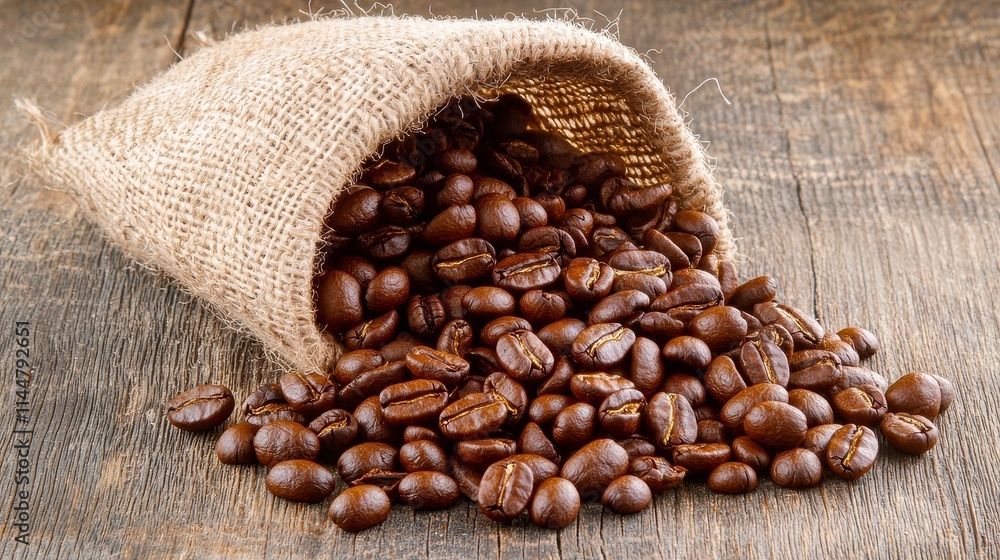 Pouring fresh coffee beans from burlap sack on wooden table rustic environment close-up shot for coffee lovers Pouring fresh coffee beans from burlap sack on wooden table rustic environment close-up shot for coffee lovers