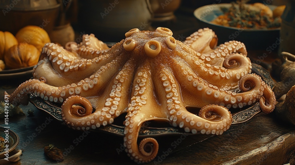 Fresh octopus on ornate tray, surrounded by still life elements. Fresh octopus on ornate tray, surrounded by still life elements.