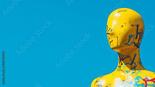 The upper part of a yellow mannequin with graffiti looking sideways in the right part of the picture on a baby blue background. Fashion concept, copy space.