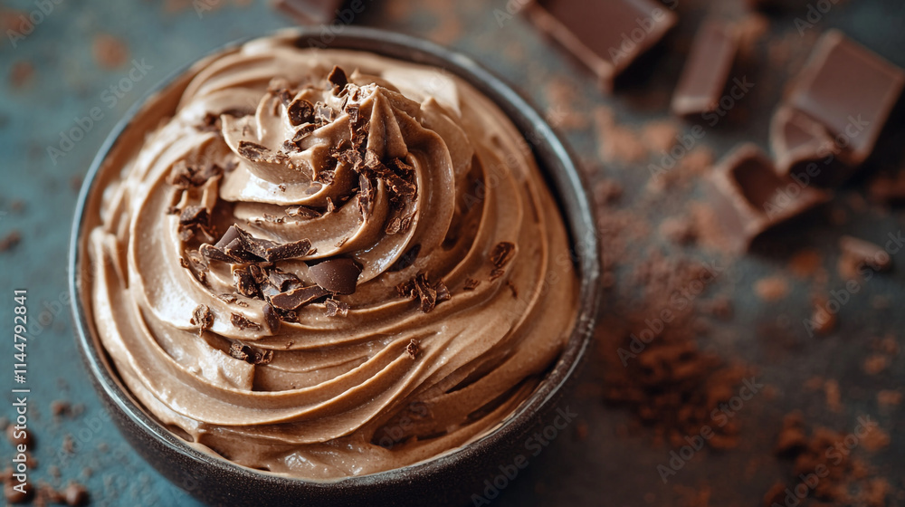 Deliciously smooth chocolate mousse topped with chocolate shavings in a dark bowl on a textured blue surface Deliciously smooth chocolate mousse topped with chocolate shavings in a dark bowl on a textured blue surface