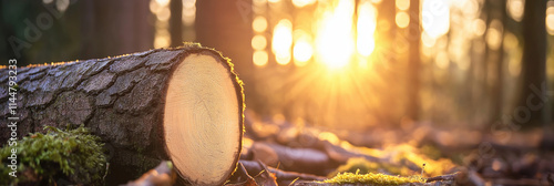 A freshly cut tree trunk lies accented with moss on a forest floor as golden sunlight streams through trees, creating a peaceful and reflective woodland scene. photo