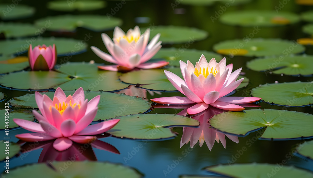 Beautiful pink water lilies blooming on a tranquil pond with green lily pads Beautiful pink water lilies blooming on a tranquil pond with green lily pads