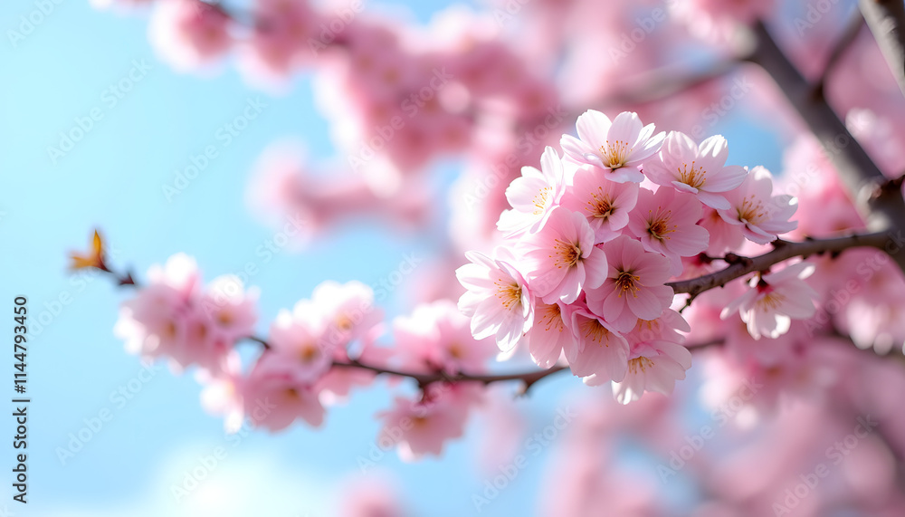 Obraz premium Blooming cherry blossom branch with pink flowers under a bright blue sky