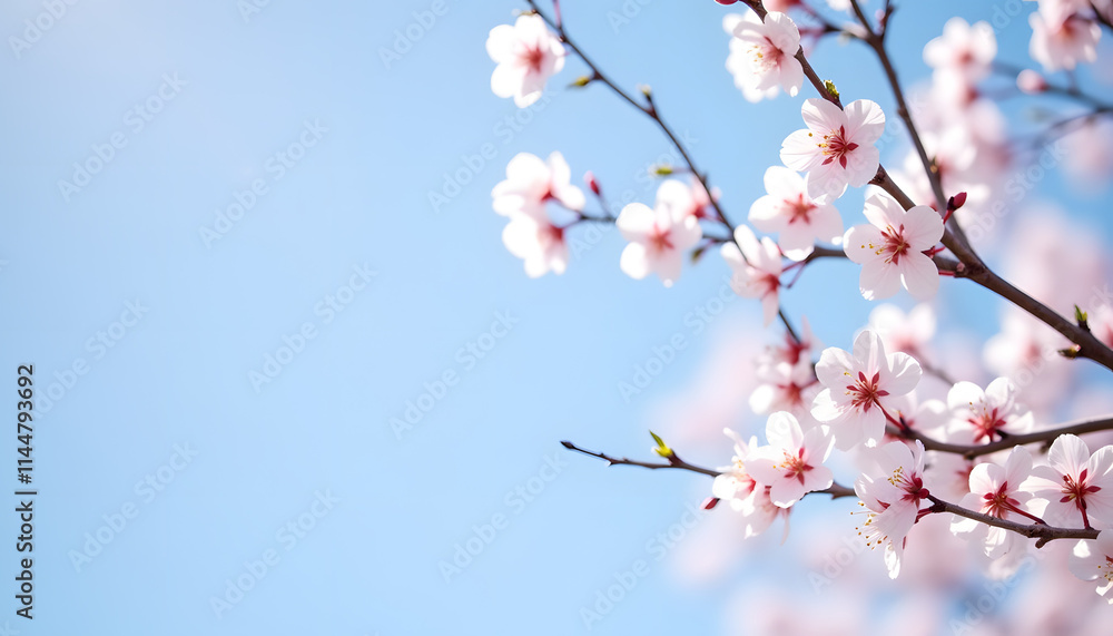 Elegant cherry blossom branch with delicate pink flowers against a clear blue sky Elegant cherry blossom branch with delicate pink flowers against a clear blue sky