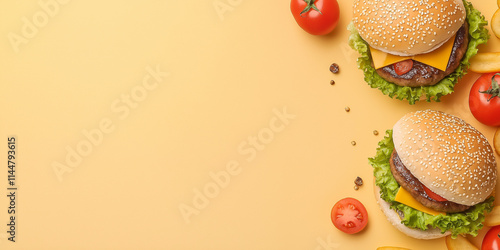 Two enticing burgers with cheese, tomatoes, and lettuce sit next to crispy fries on a vibrant yellow background, showcasing fast food in a delightful visual style.