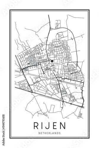 Printable downtown road map poster of the Dutch city of RIJEN on solid white background with city name