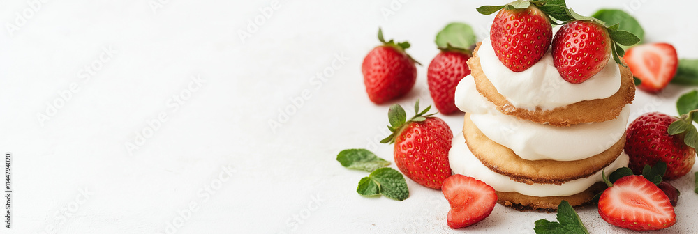 A delicious stack of fresh dessert featuring layers of whipped cream, juicy strawberries, and golden cookies, perfect for a summer treat or elegant occasion. A delicious stack of fresh dessert featuring layers of whipped cream, juicy strawberries, and golden cookies, perfect for a summer treat or elegant occasion.