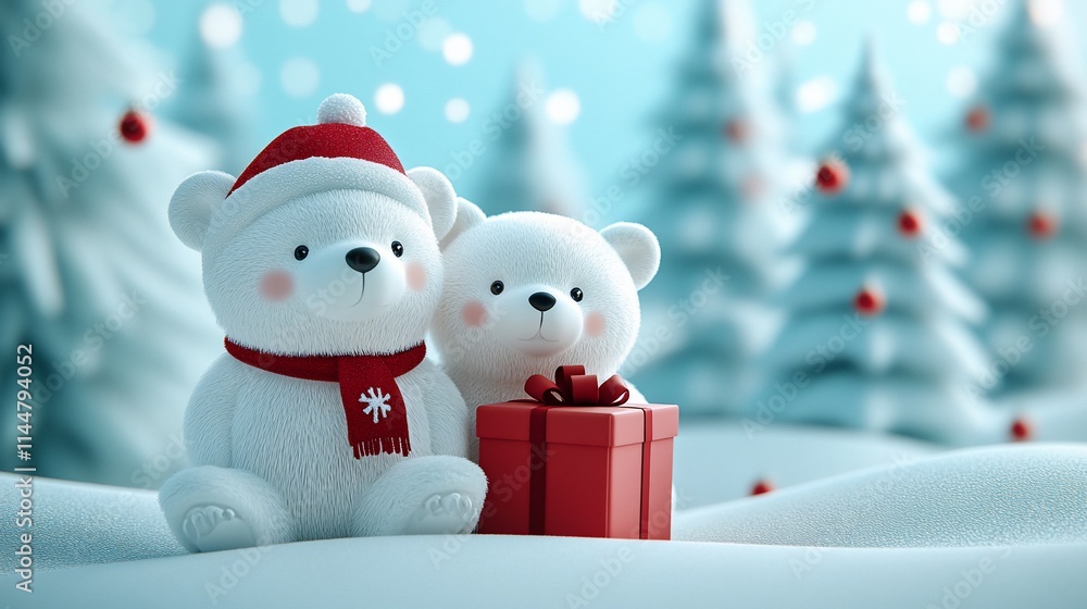 Two cute polar bears in winter wonderland with gift. Two cute polar bears in winter wonderland with gift.