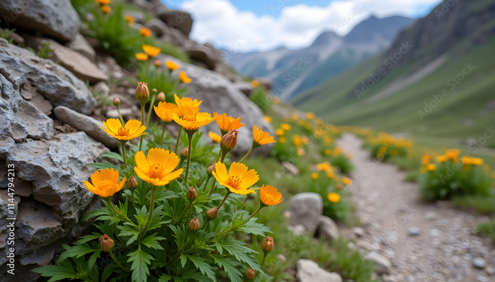 Obraz premium Vibrant yellow wildflowers blooming among rocks in a picturesque mountain landscape