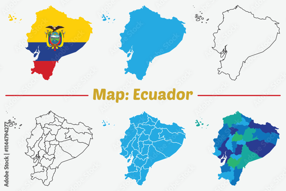 Fototapeta premium Ecuador Map Set. Ecuador High detailed Blue map, stroke map, flag color map.