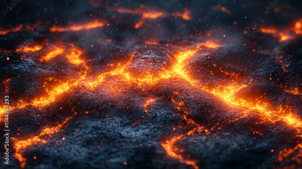 Molten Lava Flowing Across Dark Volcanic Rock Surface Molten Lava Flowing Across Dark Volcanic Rock Surface