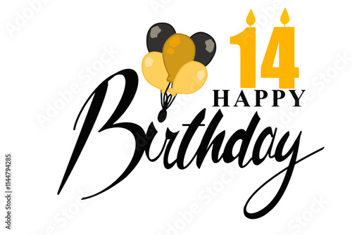 Vector design featuring the text "Happy Birthday" with a golden bouquet of balloons and a candle shaped like the number 14