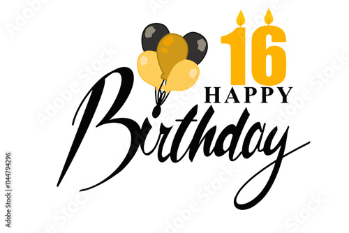 Vector design featuring the text "Happy Birthday" with a golden bouquet of balloons and a candle shaped like the number 16