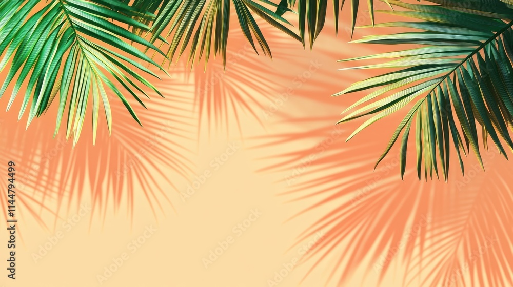 Palm leaves create a striking visual on a bright peach background, casting shadows that enhance the tropical feel. Ideal for designs needing elegance and natural beauty, with ample copy space. Palm leaves create a striking visual on a bright peach background, casting shadows that enhance the tropical feel. Ideal for designs needing elegance and natural beauty, with ample copy space.
