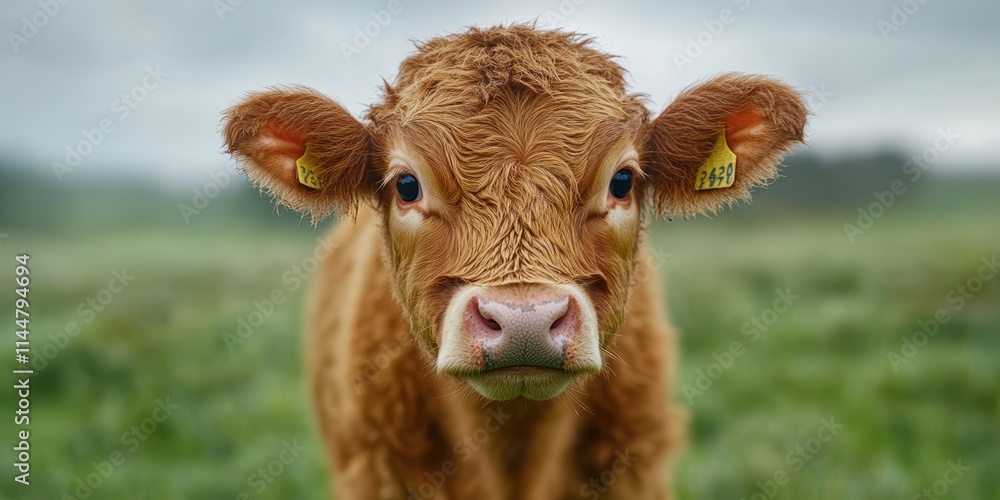 Close-up portrait of a curious young calf standing in a lush green meadow with numbered ear tags, under overcast sky, showcasing the tender innocence of farm animals in a serene pastoral setting Close-up portrait of a curious young calf standing in a lush green meadow with numbered ear tags, under overcast sky, showcasing the tender innocence of farm animals in a serene pastoral setting