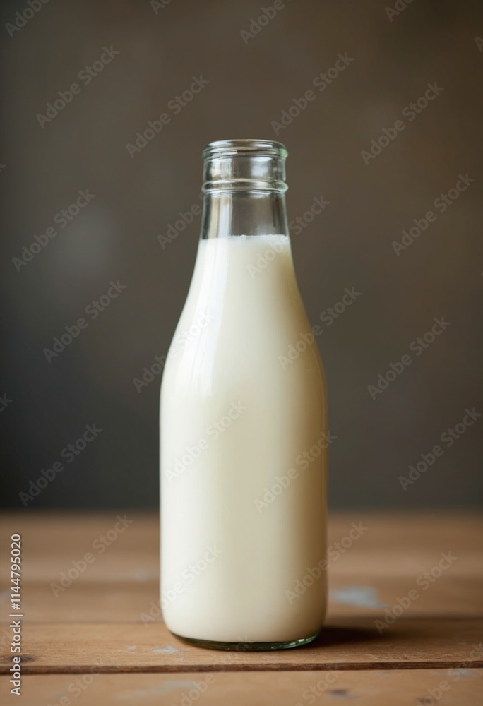 Glass bottle of milk in rustic kitchen Glass bottle of milk in rustic kitchen