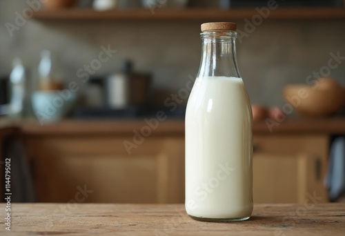 Glass bottle of milk in rustic kitchen photo