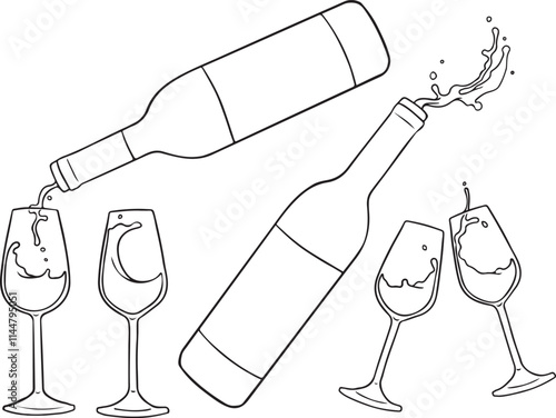 Hand drawn outline sketch of champagne bottle and two glasses. Vector illustration. Image for any kind of celebration. Wine bottle and glasses. Vector set	