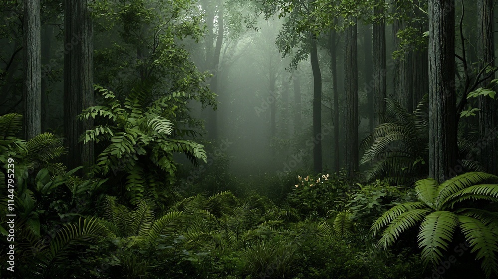 Foggy forest path with ferns and trees. Foggy forest path with ferns and trees.