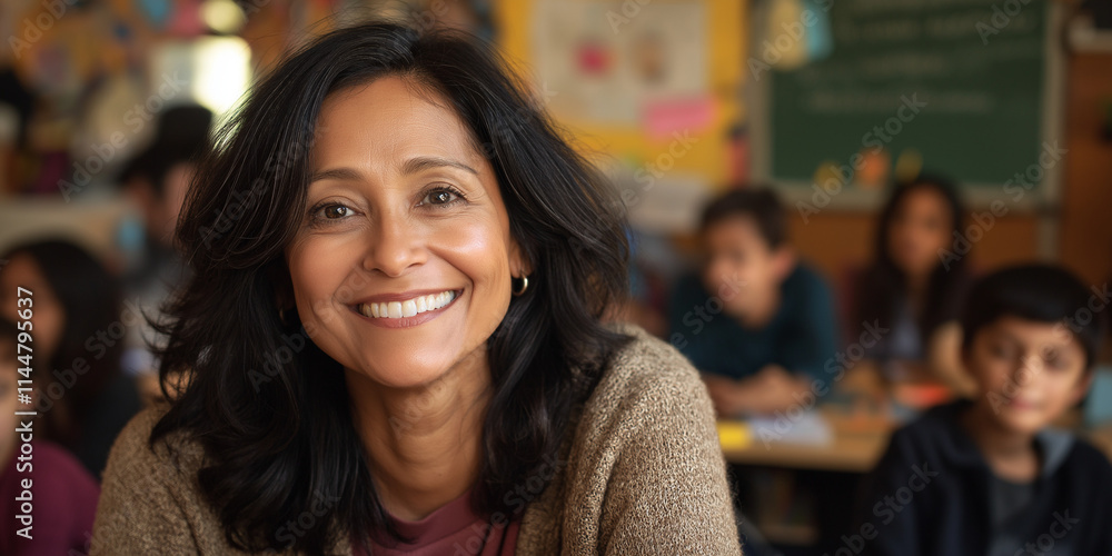 A cheerful teacher is smiling in a lively classroom setting, effectively engaging a diverse group of young students in the background during a lesson. A cheerful teacher is smiling in a lively classroom setting, effectively engaging a diverse group of young students in the background during a lesson.