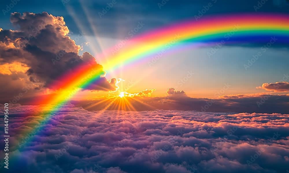 A vibrant sunset with a rainbow over fluffy clouds, creating a serene and uplifting atmosphere. A vibrant sunset with a rainbow over fluffy clouds, creating a serene and uplifting atmosphere.