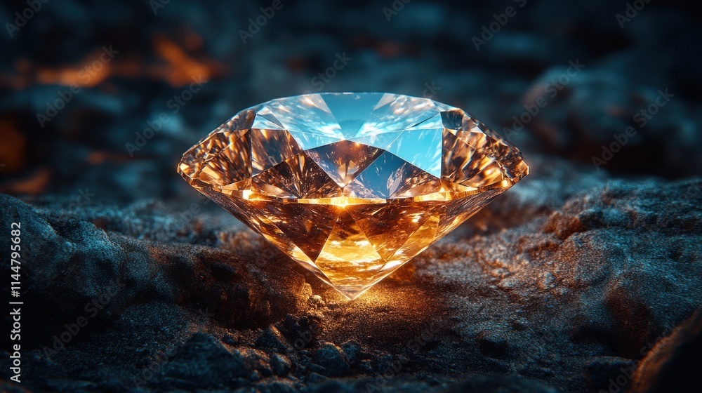 Glowing diamond on dark rock. Glowing diamond on dark rock.