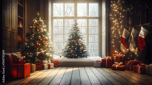 Wallpaper Mural Christmas scene with tree and decorations, lights, balls, gifts in living room and window in center Torontodigital.ca