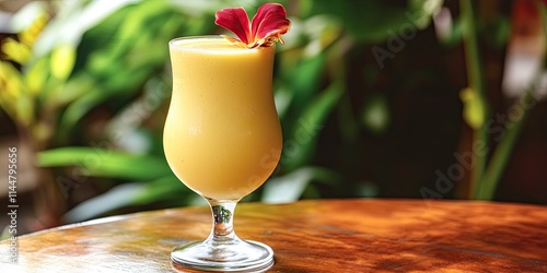 A glass of Yellow Mahua Smoothie sits elegantly on a wooden table, highlighting this refreshing tropical beverage perfect for a delightful drink experience. photo