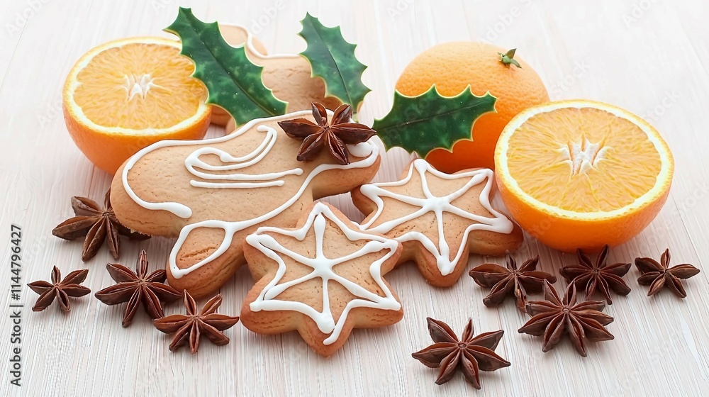 Festive Gingerbread Cookies and Fresh Oranges with Spices Festive Gingerbread Cookies and Fresh Oranges with Spices