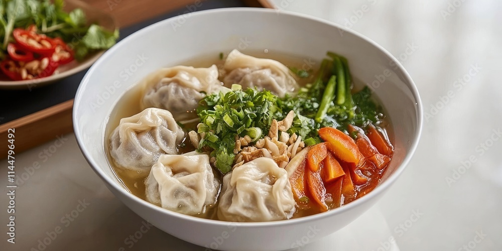 A bowl of Vietnamese soup featuring wonton dumplings along with an assortment of seasonal vegetables is presented. The soup includes both wontons and vegetables. A bowl of Vietnamese soup featuring wonton dumplings along with an assortment of seasonal vegetables is presented. The soup includes both wontons and vegetables.