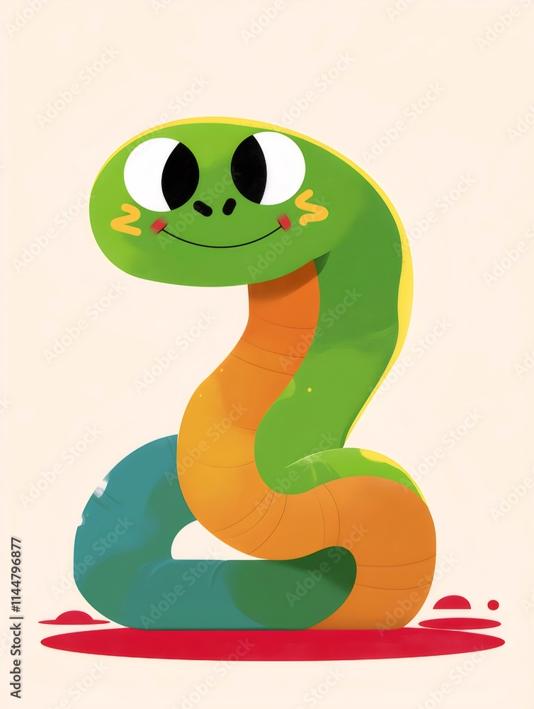 Cute cartoon worm with big eyes, smiling, green and orange body, sitting on red ground. Cute cartoon worm with big eyes, smiling, green and orange body, sitting on red ground.