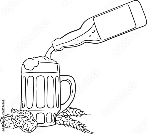 beer pouring into mug, black and white clip art preview