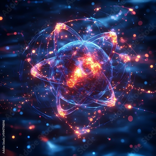 3D model of a technetium atom emphasizing its unique electron shell arrangement and medical imaging applications presented in a glowing cyan and magenta color palette