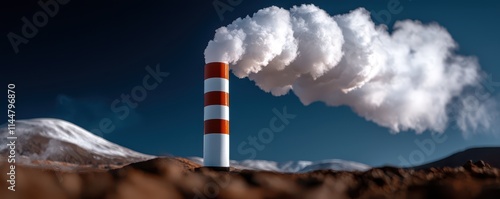 A tall industrial smokestack emits thick, white smoke against a clear blue sky.