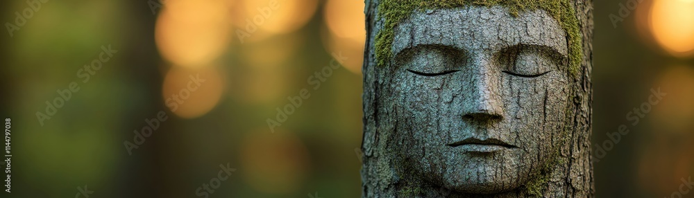 A serene wooden sculpture representing a peaceful figure in nature's embrace. A serene wooden sculpture representing a peaceful figure in nature's embrace.