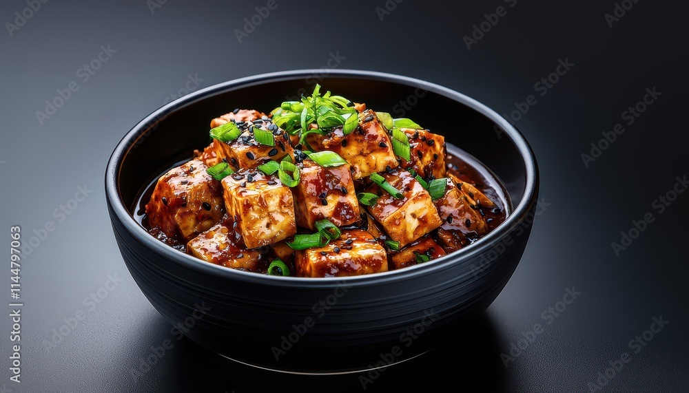 A vibrant bowl of spicy tofu dish garnished with fresh green onion on a dark background. A vibrant bowl of spicy tofu dish garnished with fresh green onion on a dark background.