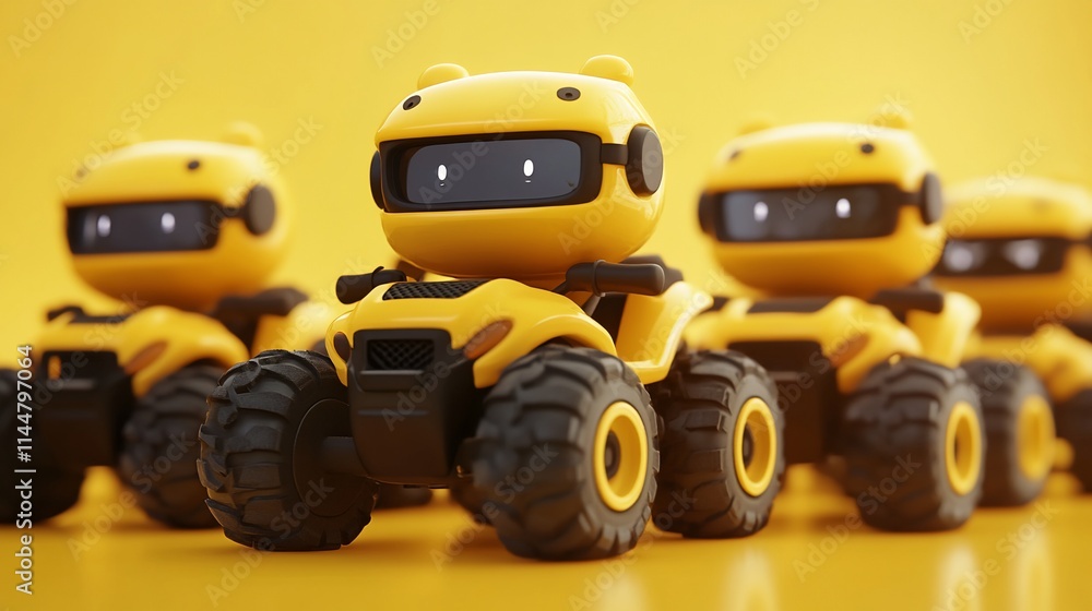 Cute yellow robots riding yellow ATVs. Cute yellow robots riding yellow ATVs.