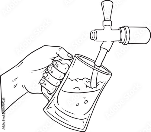 Beer Tap with Hand Pouring Draft Beer into a Glass - Line Art Vector Illustration.