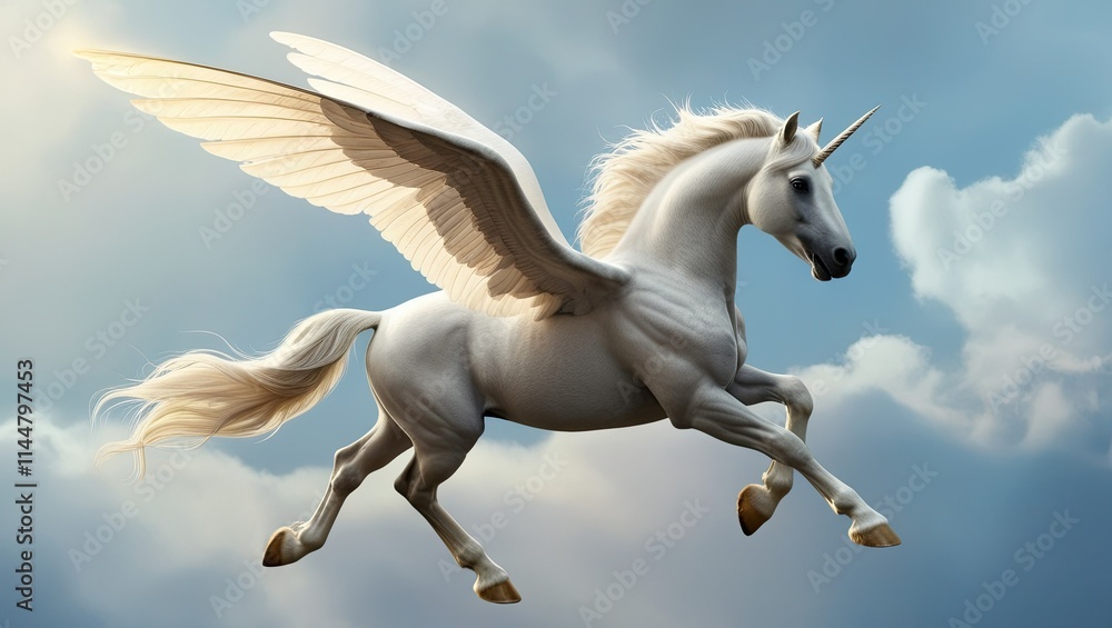 A majestic, snow-white Pegasus, with a muscular physique, prancing in mid-air, its powerful wings outstretched, feathery and pure white, with a subtle sheen, as if bathed in soft, golden light, cutout A majestic, snow-white Pegasus, with a muscular physique, prancing in mid-air, its powerful wings outstretched, feathery and pure white, with a subtle sheen, as if bathed in soft, golden light, cutout
